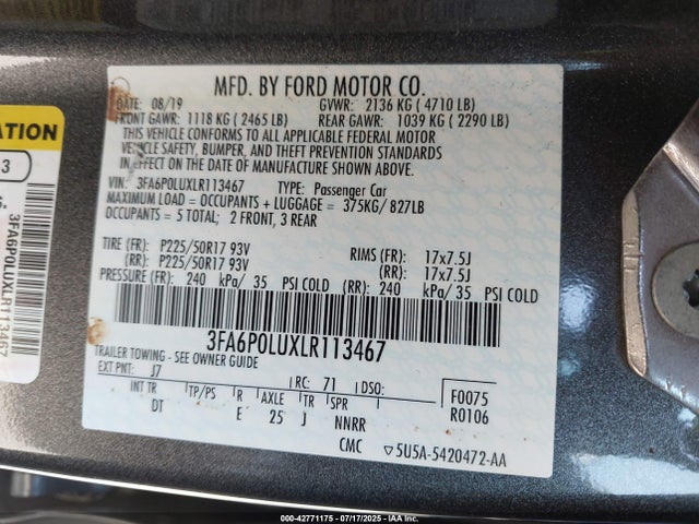 3FA6P0LUXLR113467 Ford 2.0l 4v atk hev