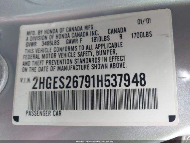 2001 HONDA CIVIC 2HGES26791H537948 Photo 8