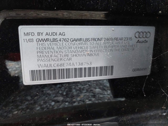 Продажа на аукционе авто 2004 Audi A4 1.8t, vin: WAULC68E74A138753, номер лота: 42771303