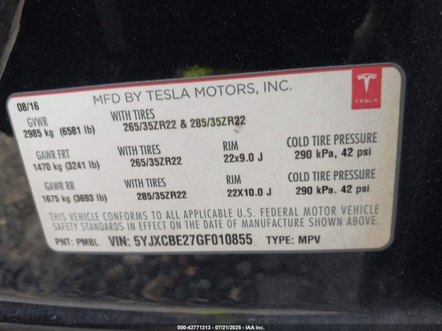 2016 TESLA MODEL X 5YJXCBE27GF010855 Photo 8