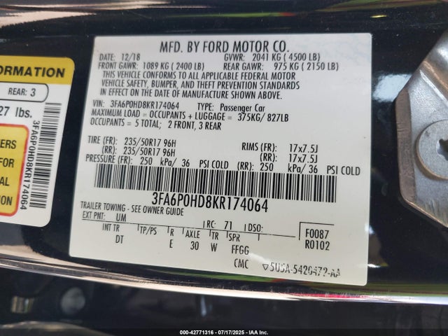 Ford Fusion 2019 3FA6P0HD8KR174064 Image 9