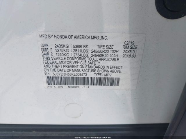 2019 ACURA MDX 5J8YD3H53KL008573 Photo 8