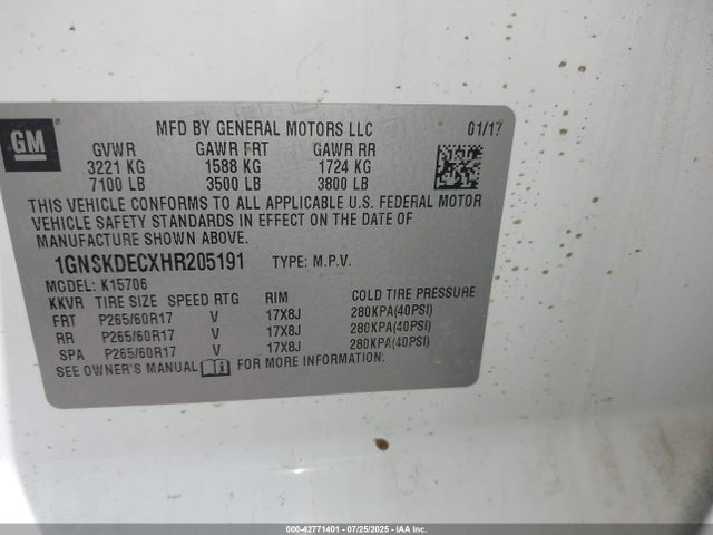 42771401 :رقم المزاد ، 1GNSKDECXHR205191 vin ، 2017 Chevrolet Tahoe Commercial Fleet مزاد بيع