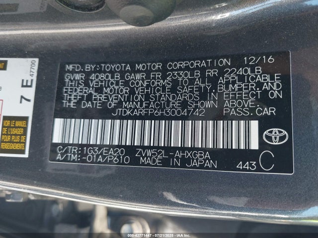 JTDKARFP6H3004742 Toyota 2zr-fxe+1nm