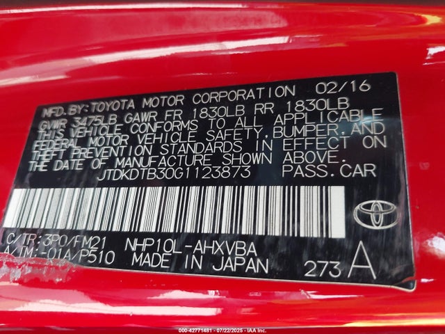 JTDKDTB30G1123873 Toyota 1nz-fxe+1lm