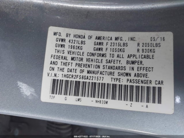 1HGCR2F58GA221577 Honda k24w1