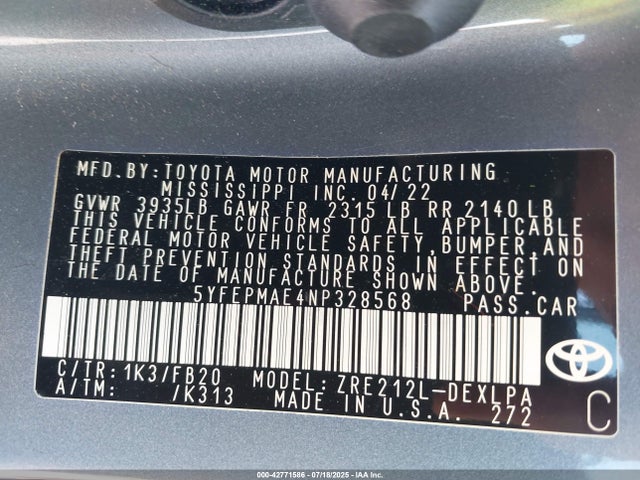 Toyota 2zr-fae 2022 5YFEPMAE4NP328568 Image 9