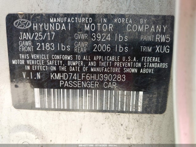 KMHD74LF6HU390283 Hyundai 2017