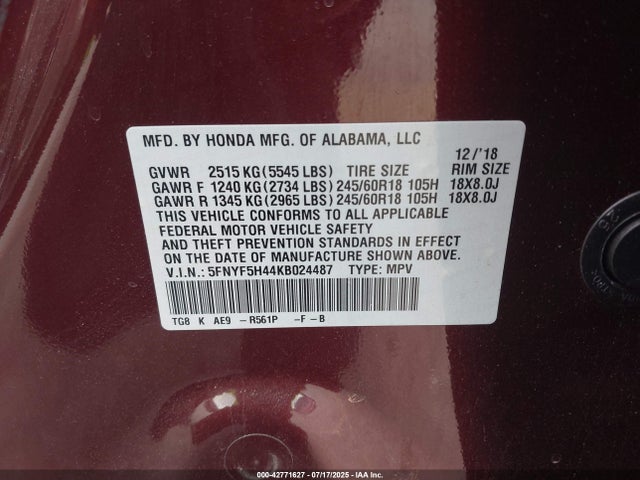 Honda j35y6 2019 5FNYF5H44KB024487 Image 9