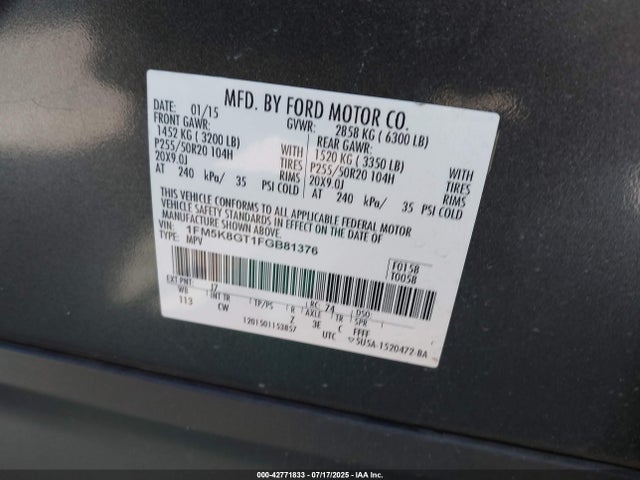 1FM5K8GT1FGB81376 Ford 2015