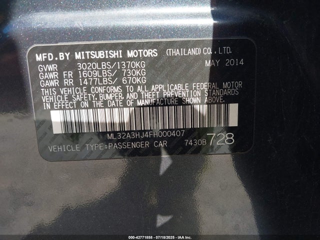 Mitsubishi Mirage 2015 ML32A3HJ4FH000407 Image 9