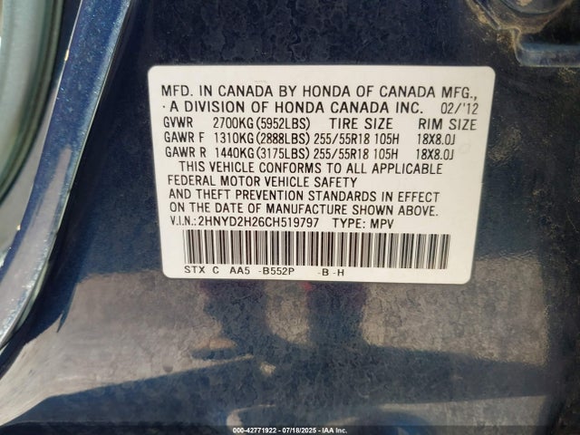 2012 Acura Mdx მანქანა იყიდება აუქციონზე, vin: 2HNYD2H26CH519797, აუქციონის ნომერი: 42771922