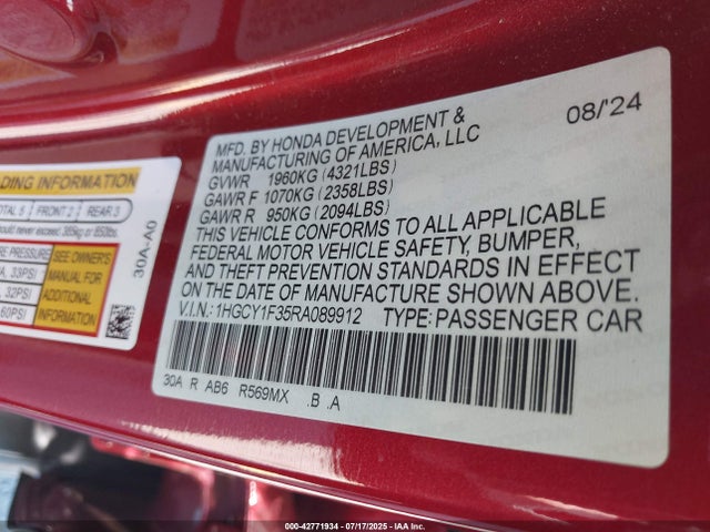 1HGCY1F35RA089912 Honda l15be