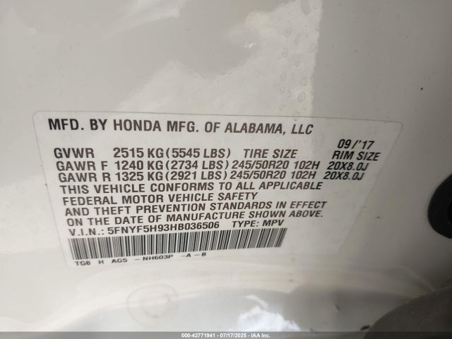 5FNYF5H93HB036506 Honda j35y6