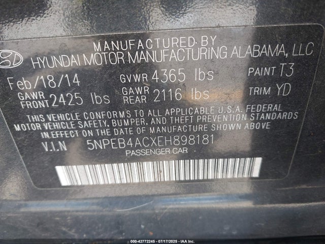 5NPEB4ACXEH898181 Hyundai gamma