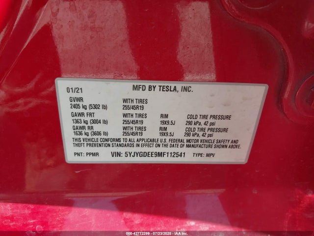 2021 TESLA MODEL Y 5YJYGDEE9MF112541 Photo 8