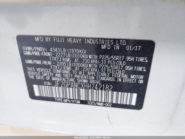 Subaru naturally aspirated 2017 JF2GPANCXHH242182 Image 9