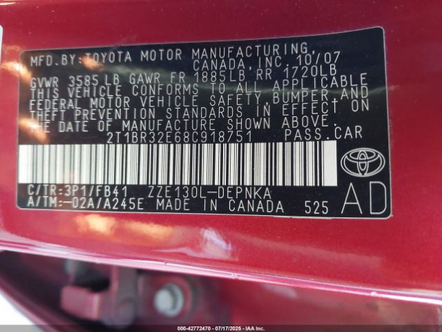 2008 TOYOTA COROLLA 2T1BR32E68C918751 Photo 8
