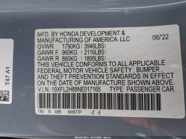 19XFL2H88NE017165 Honda k20c2