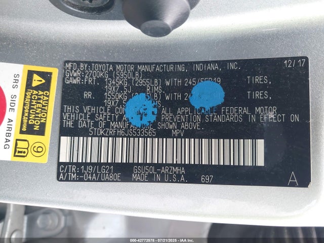 5TDKZRFH6JS533565 Toyota 2gr-fks