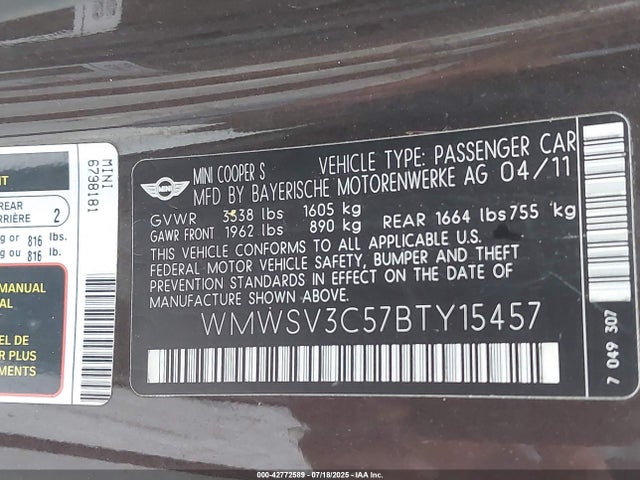 2011 MINI COOPER S WMWSV3C57BTY15457 Photo 8