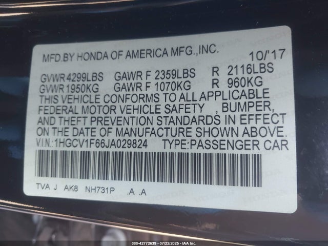 1HGCV1F66JA029824 Honda l15be