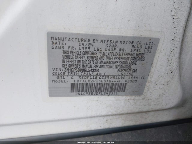 42772643 :رقم المزاد ، 3N1CP5BV0RL543351 vin ، 2024 Nissan Kicks S Xtronic Cvt مزاد بيع