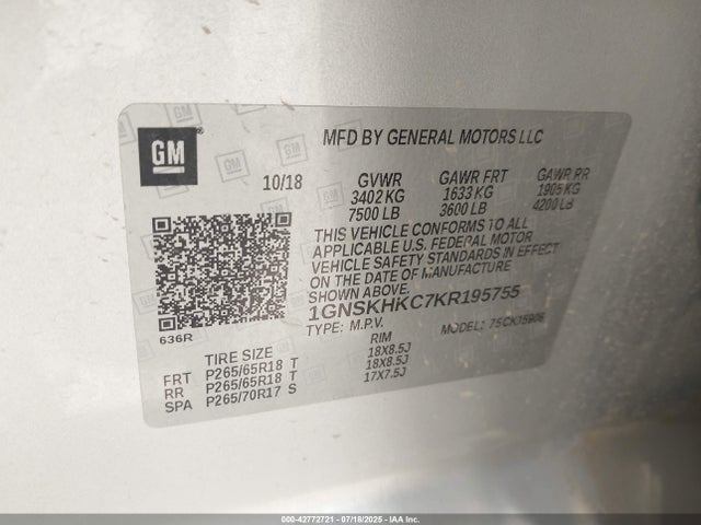 1GNSKHKC7KR195755 Chevrolet l83 - sidi: spark ignited direct injection, vvt: variable valve timing, afm, e85 max, alum