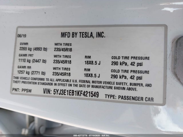 2019 TESLA MODEL 3 5YJ3E1EB1KF421549 Photo 8