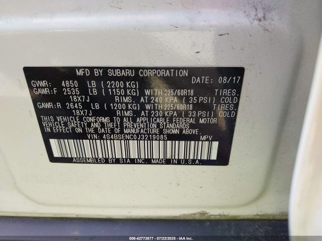 Subaru u4 2018 4S4BSENC0J3219085 Image 9