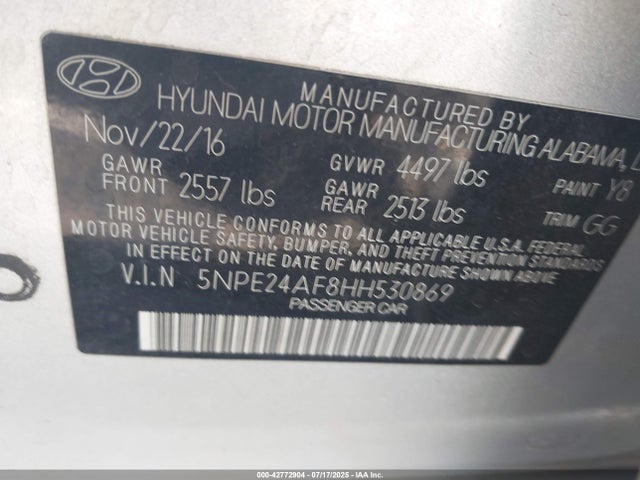 5NPE24AF8HH530869 Hyundai 2017