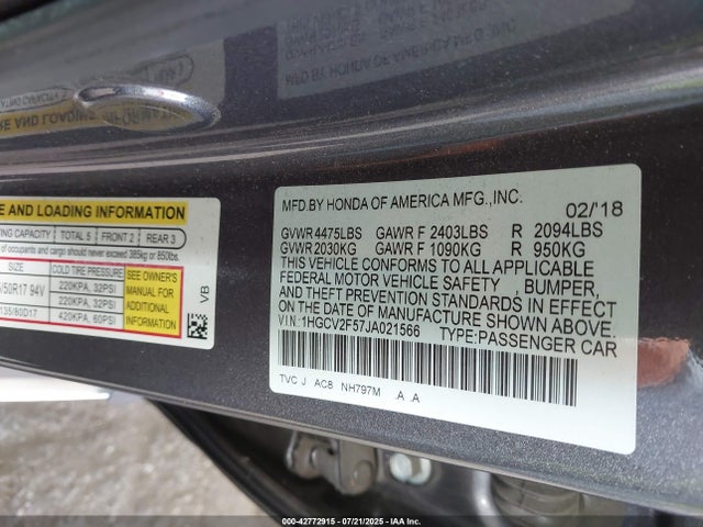1HGCV2F57JA021566 Honda k20c4