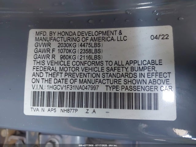 1HGCV1F31NA047997 Honda l15be