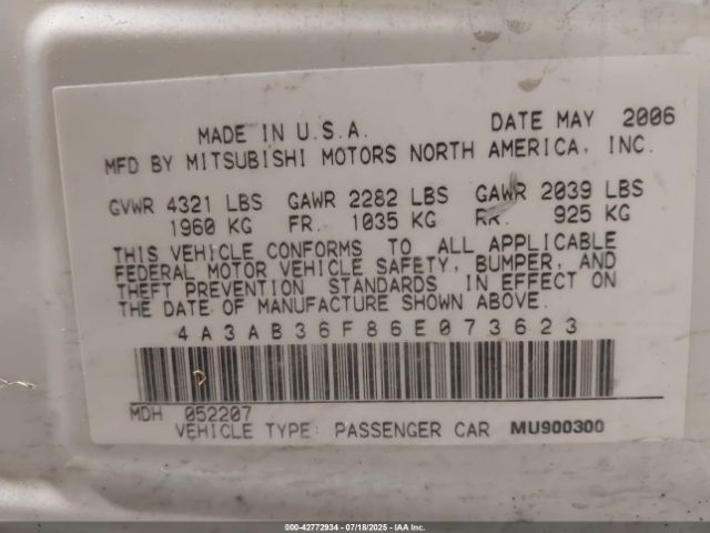 2006 MITSUBISHI GALANT 4A3AB36F86E073623 Photo 8