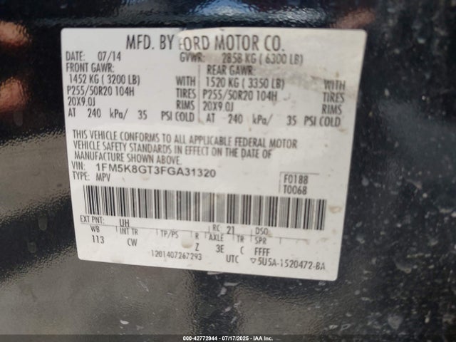 1FM5K8GT3FGA31320 Ford 2015