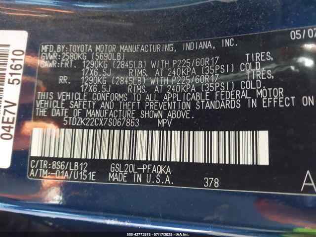 2007 TOYOTA SIENNA 5TDZK22CX7S067863 Photo 8