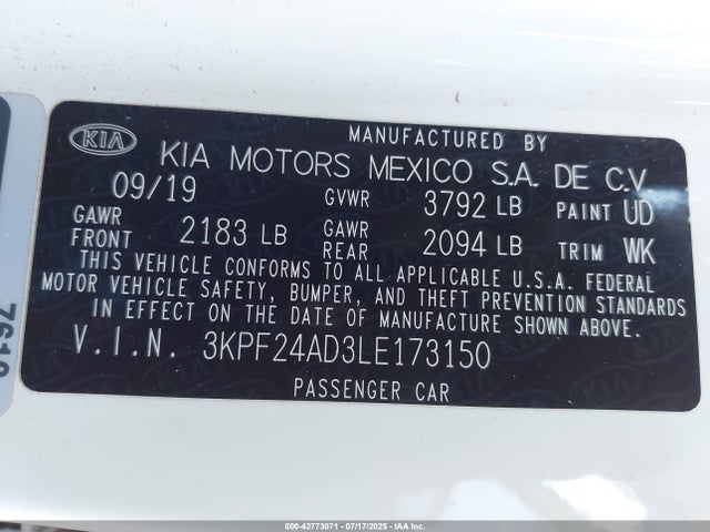 3KPF24AD3LE173150 KIA mpi nu