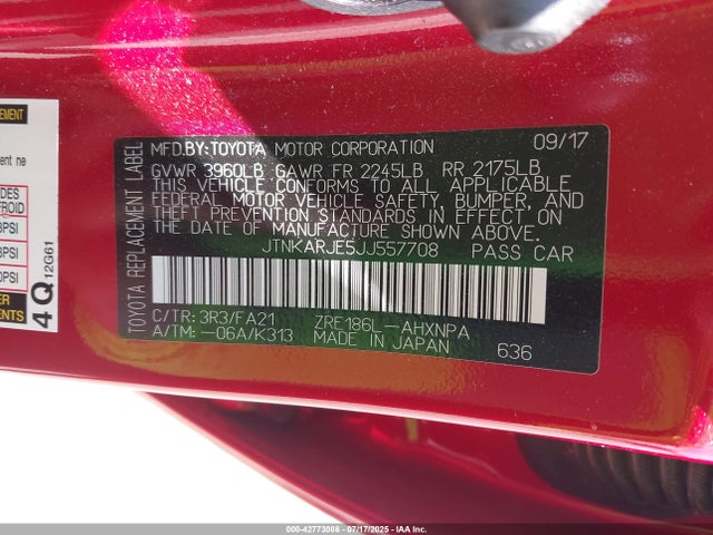 JTNKARJE5JJ557708 Toyota 2zr-fae