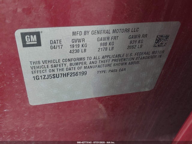 1G1ZJ5SU7HF256199 Chevrolet Lkn - Sidi: Spark Ignited Direct Injection, Vvt: Variable Valve Timing, Hybrid, Fam1, Gen4
