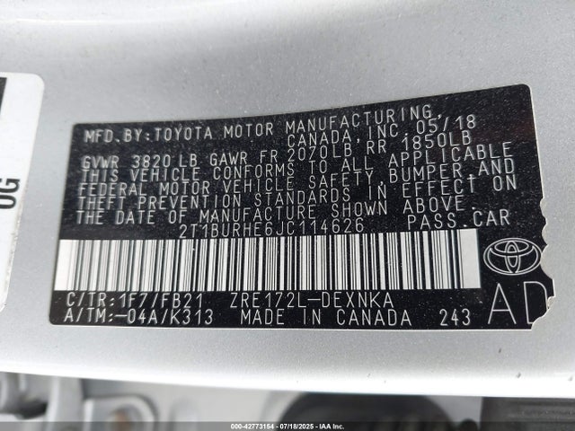2T1BURHE6JC114626 Toyota 2zr-fe