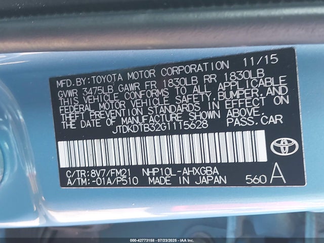 JTDKDTB32G1115628 Toyota 1nz-fxe+1lm