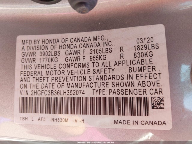 2HGFC3B36LH352074 Honda l15b7
