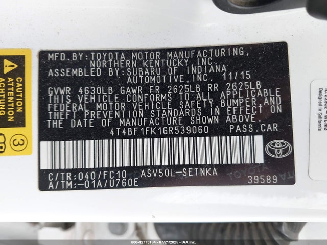 4T4BF1FK1GR539060 Toyota 2ar-fe