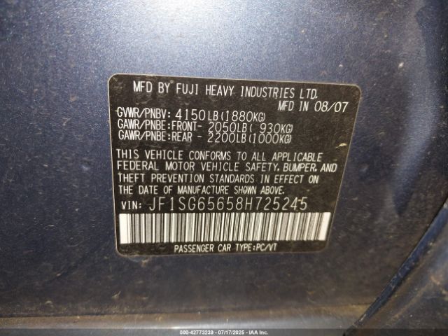 2008 SUBARU FORESTER JF1SG65658H725245 Photo 8