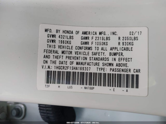 1HGCR2F15HA169307 Honda k24w1