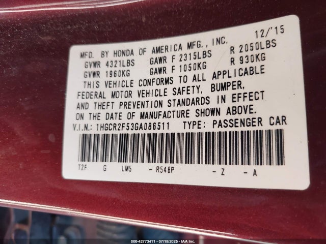 1HGCR2F53GA086511 Honda k24w1