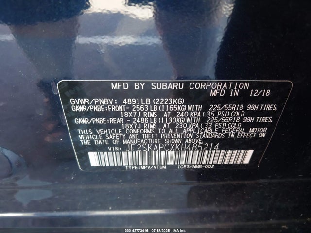 Subaru naturally aspirated u5 2019 JF2SKAPCXKH485214 Image 9