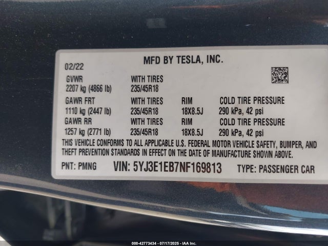 2022 TESLA MODEL 3 5YJ3E1EB7NF169813 Photo 8