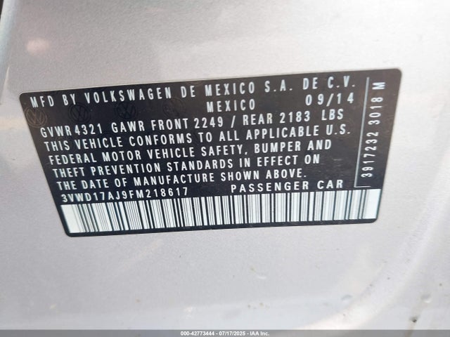3VWD17AJ9FM218617 Volkswagen 2015