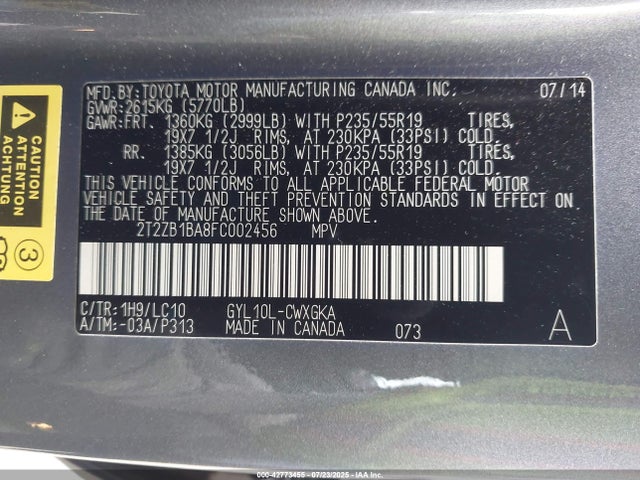 Lexus 2gr-fxe, 4jm 2015 2T2ZB1BA8FC002456 Image 9